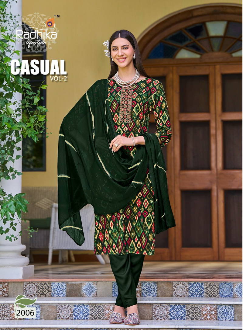 Casual Vol 2 By Radhika Rayon Printed Kurti With Bottom Dupatta Wholesale Shop In Surat